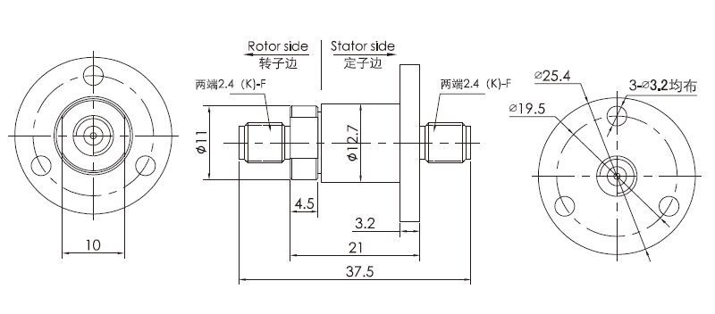 单通道射频旋转关节（频率范围DC~50GHz 主体外径12.7mm）结构原理图纸