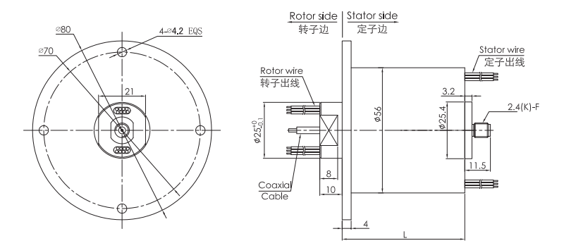 单通道射频旋转关节（频率范围DC~50GHz 主体外径56mm）结构原理图纸