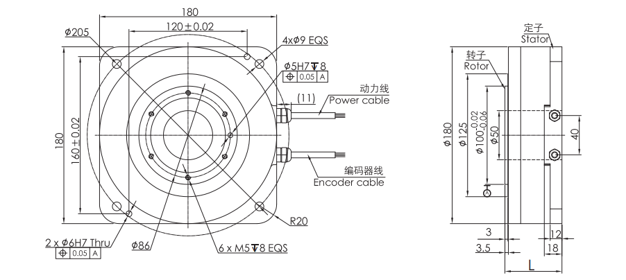 OD 180mm series DD马达转台电机 drawing